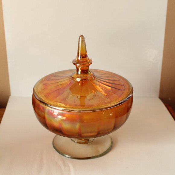 Vintage Fenton  Iridescent Marigold Carnival Footed Covered Candy Dish - Picture 1 of 3